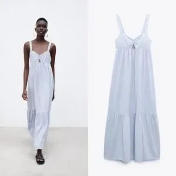 Zara Women's Strappy 100% Cotton Maxi Dress Gathered Front Light Blue Size S - Picture 1 of 16